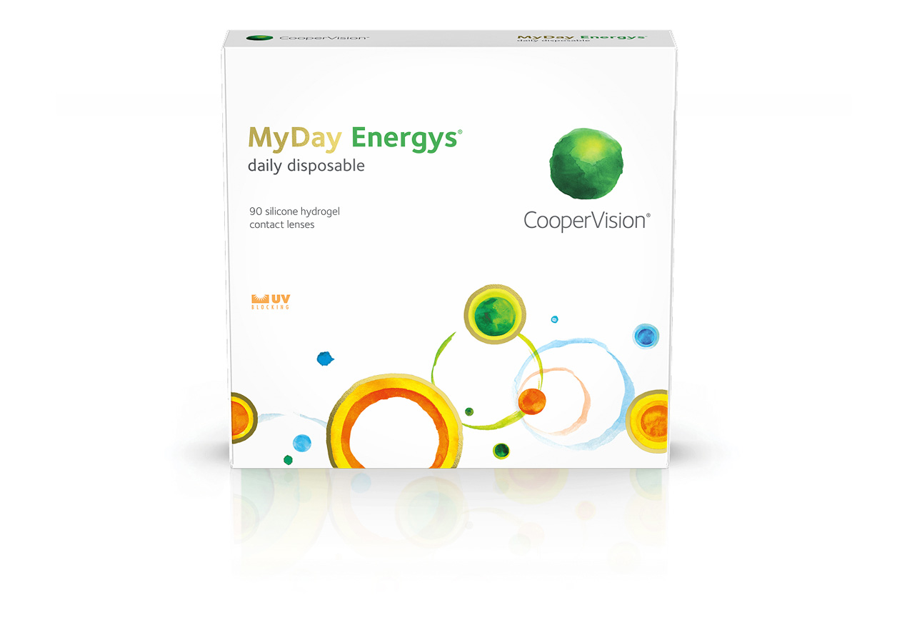 MyDay Energys contact lens box displayed prominently, featuring clean modern packaging design with product branding. The box is set against a neutral background, conveying a professional and trustworthy tone. No visible text other than the product name on the box.